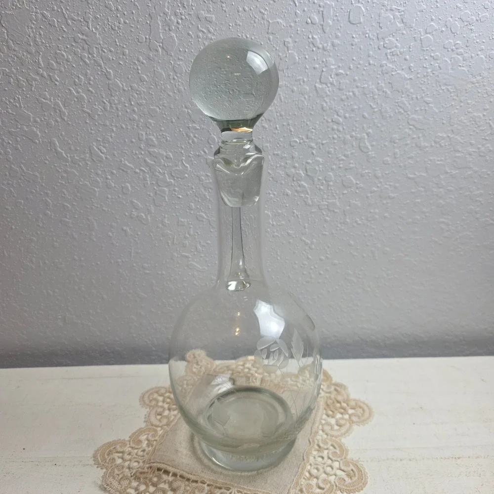Vintage Etched Floral Rose Glass Decanter with‎ Ball Stopper and Handle Clear